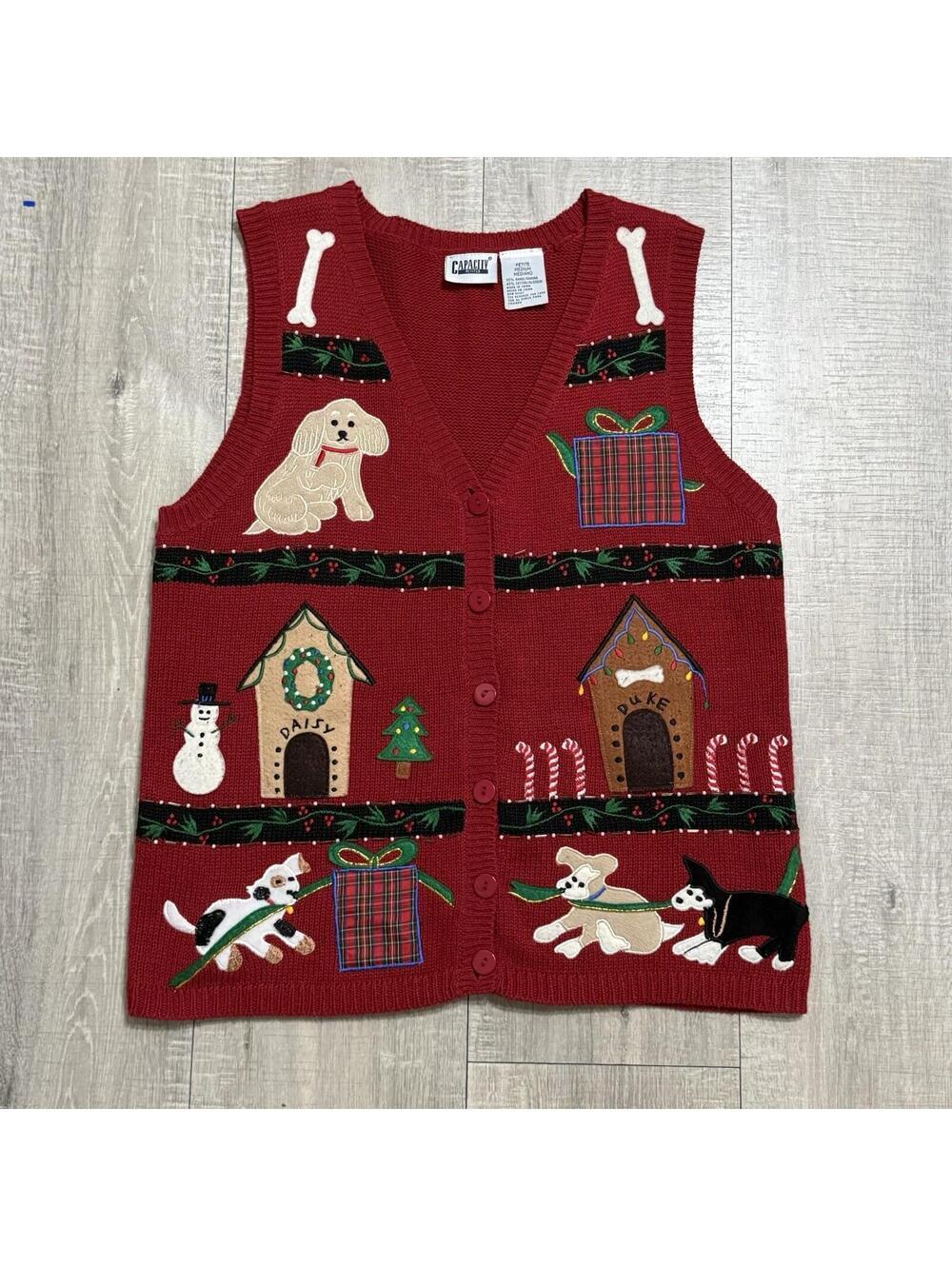 Capacity Vintage Red Knitted Christmas Sweater Vest Women Petite M Holiday Dogs - Picture 3 of 7